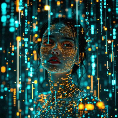 The primary subject of the image is a woman with a futuristic, digital appearance. She is wearing a shirt that is covered in a pattern of blue and yellow lights, giving her a unique and visually striking look. The setting of the image is a dark room, with the woman standing in the center of the frame. The visual style of the image is a combination of digital art and photography, creating a striking and eye-catching portrait. The colors and mood of the image are predominantly blue and yellow,